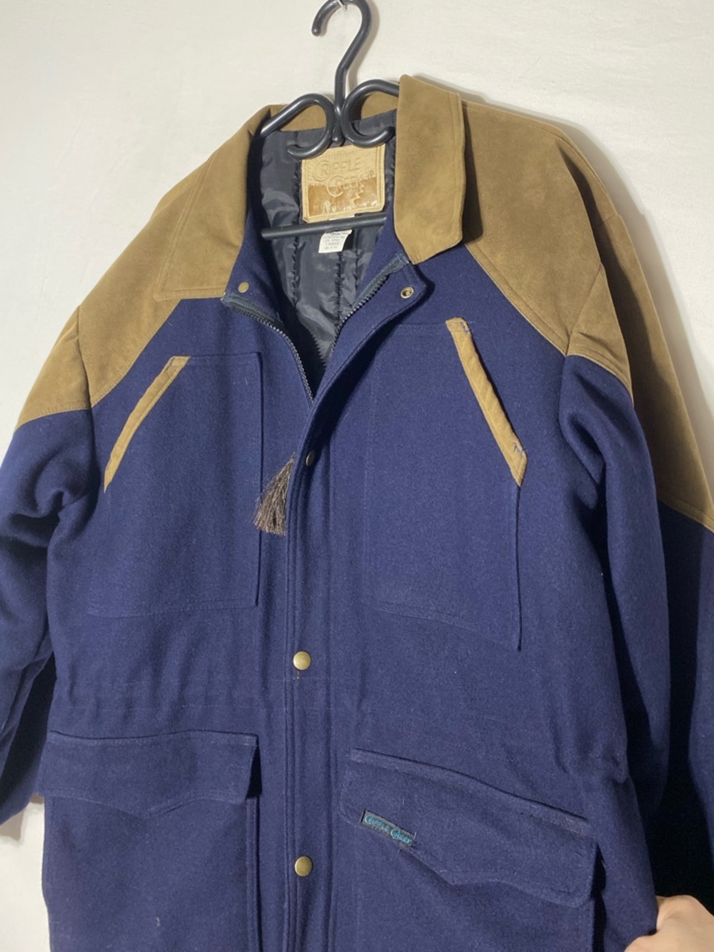 Vintage Cripple Creek Navy Wool Blend Chore Coat W Ultrasuede Trim Western L - Picture 10 of 16